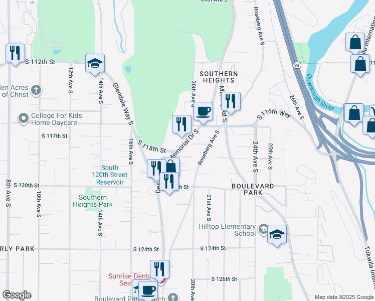 map of restaurants, bars, coffee shops, grocery stores, and more near 1837 South 118th Street in Seattle