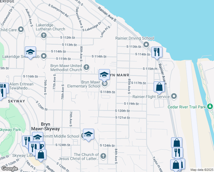 map of restaurants, bars, coffee shops, grocery stores, and more near 8212 South 118th Street in Seattle