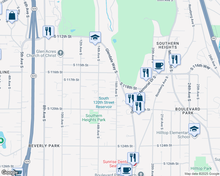 map of restaurants, bars, coffee shops, grocery stores, and more near 11815 16th Avenue South in Seattle