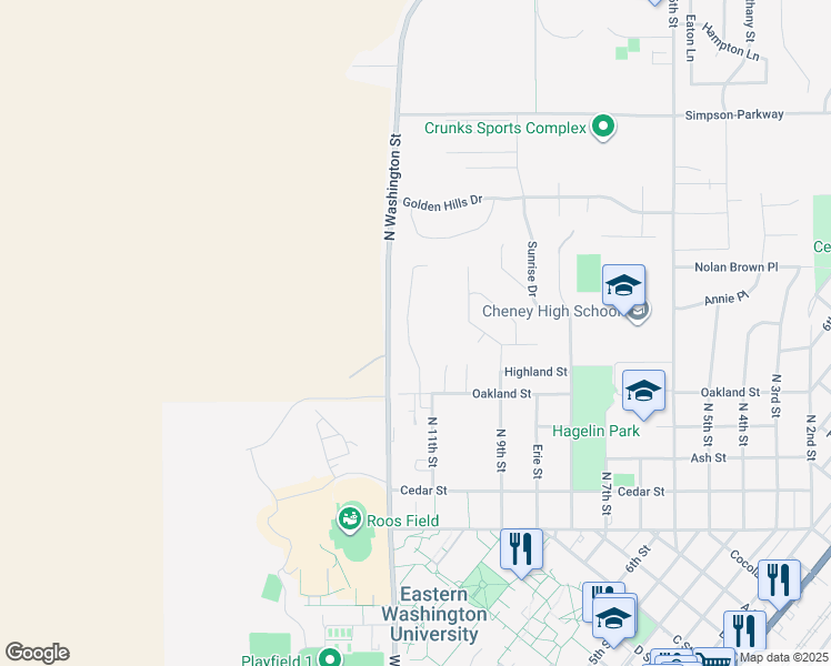 map of restaurants, bars, coffee shops, grocery stores, and more near 501 Irene Place in Cheney