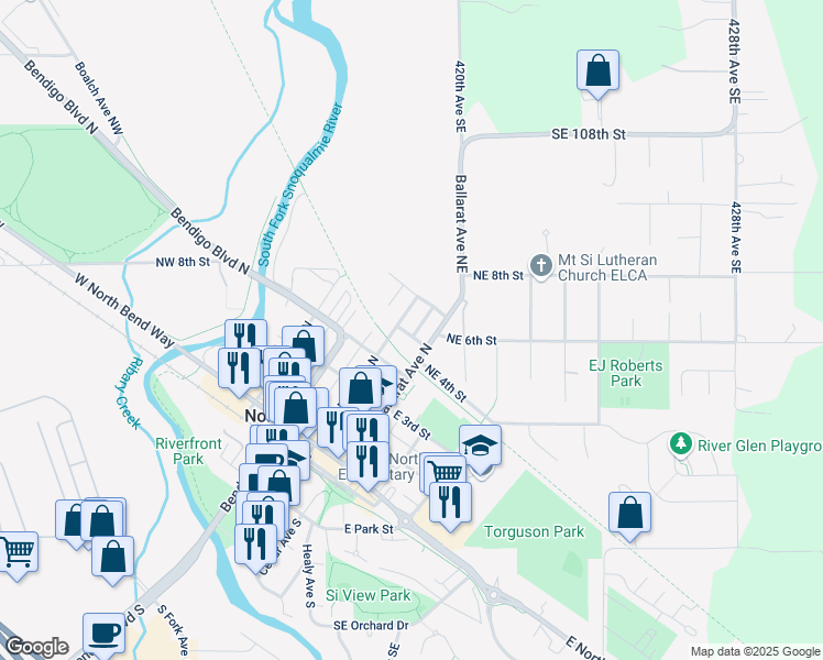 map of restaurants, bars, coffee shops, grocery stores, and more near 118 East 5th Street in North Bend