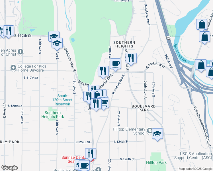 map of restaurants, bars, coffee shops, grocery stores, and more near 11672 Des Moines Memorial Drive in Seattle
