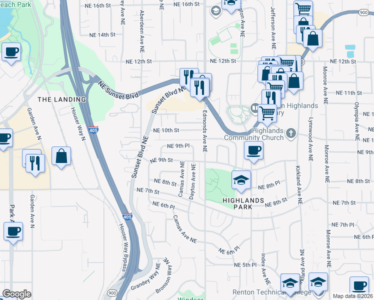 map of restaurants, bars, coffee shops, grocery stores, and more near 2400 Northeast 9th Street in Renton