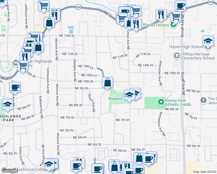 map of restaurants, bars, coffee shops, grocery stores, and more near 866 Redmond Avenue Northeast in Renton