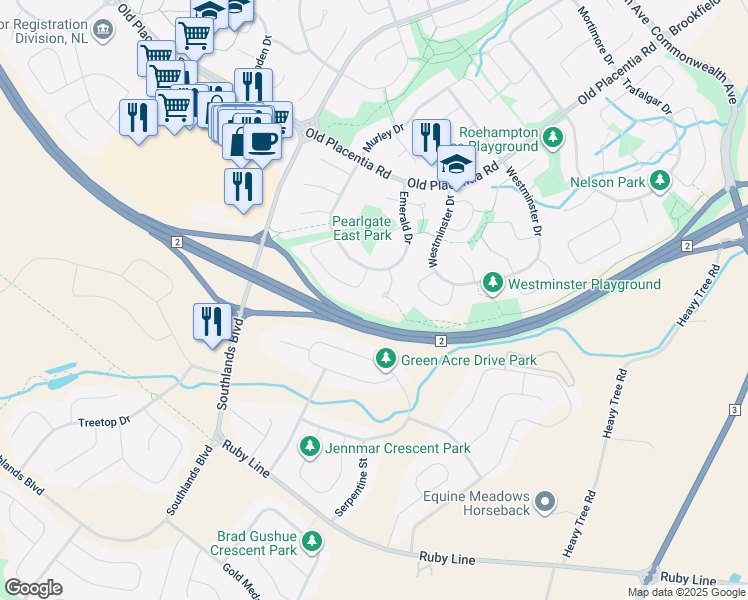 map of restaurants, bars, coffee shops, grocery stores, and more near 7 Topaz Place in Mount Pearl