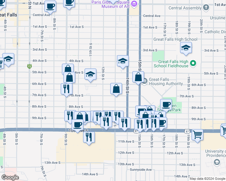 map of restaurants, bars, coffee shops, grocery stores, and more near 612 13th Street South in Great Falls
