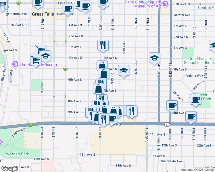map of restaurants, bars, coffee shops, grocery stores, and more near 914 7th Ave S in Great Falls