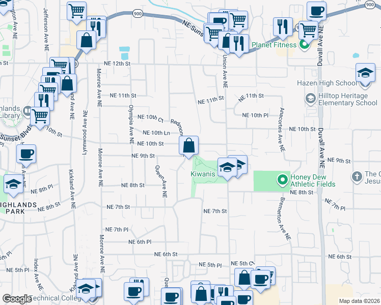 map of restaurants, bars, coffee shops, grocery stores, and more near 866 Redmond Avenue Northeast in Renton