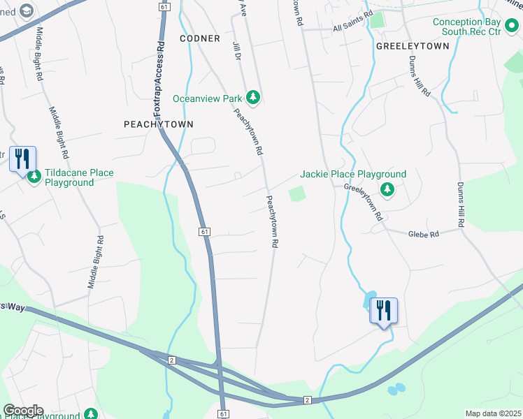 map of restaurants, bars, coffee shops, grocery stores, and more near Lazarus Lane in Conception Bay South