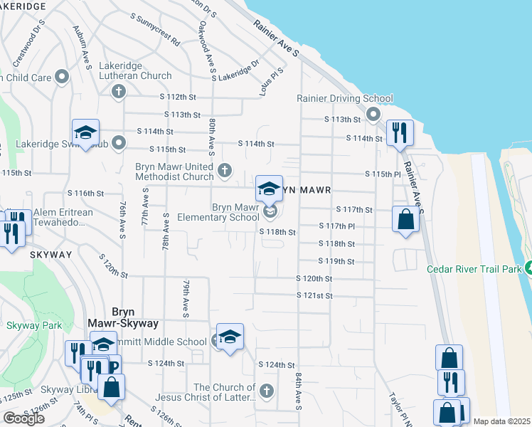 map of restaurants, bars, coffee shops, grocery stores, and more near 8212 South 118th Street in Seattle