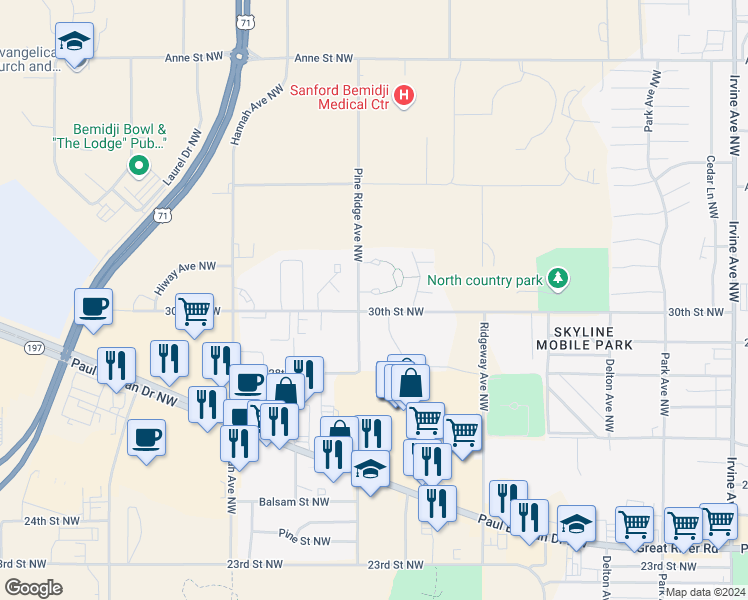 map of restaurants, bars, coffee shops, grocery stores, and more near 3002 Silver Birch Court Northwest in Bemidji