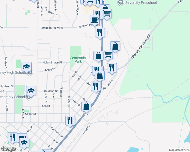 map of restaurants, bars, coffee shops, grocery stores, and more near 1720 2nd Street in Cheney