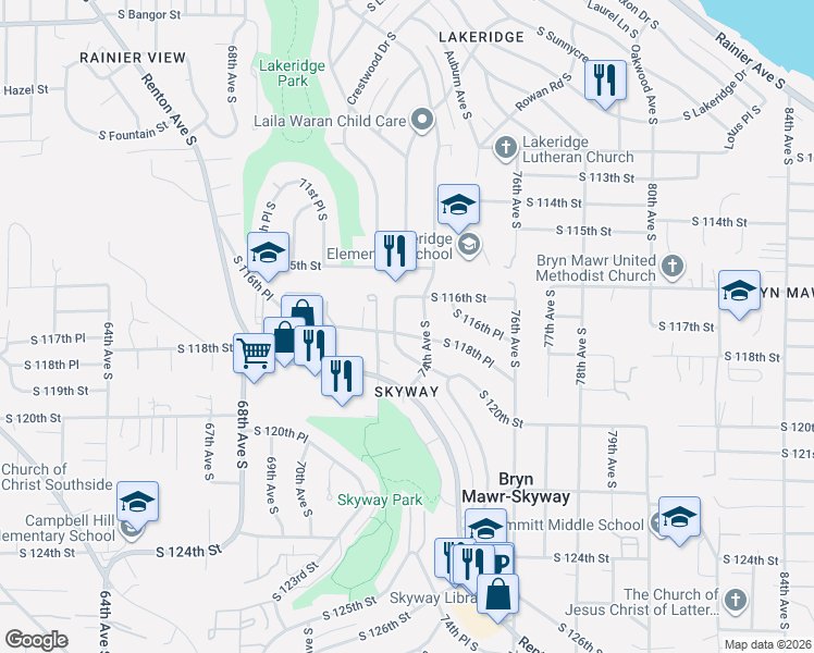 map of restaurants, bars, coffee shops, grocery stores, and more near 7214 South 120th Street in Seattle