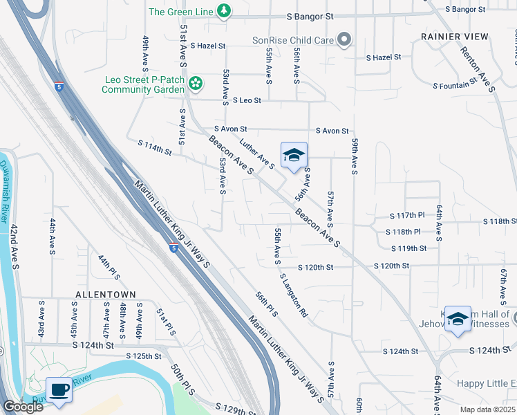 map of restaurants, bars, coffee shops, grocery stores, and more near 5370 South Wallace Street in Seattle