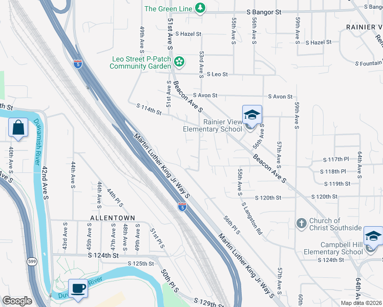 map of restaurants, bars, coffee shops, grocery stores, and more near 5234 South Wallace Street in Seattle