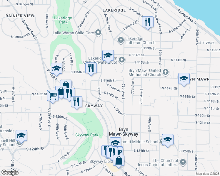 map of restaurants, bars, coffee shops, grocery stores, and more near 7439 South 116th Place in Seattle