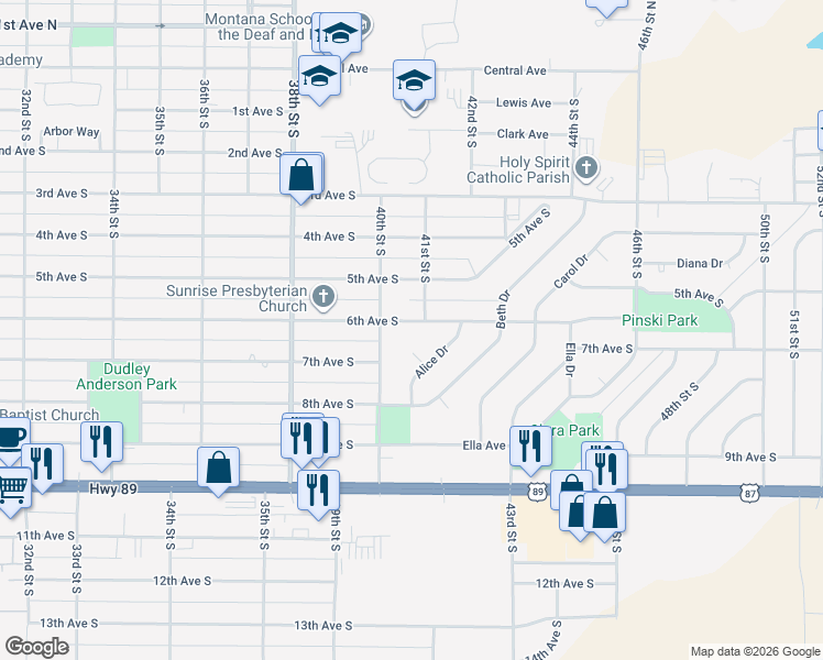 map of restaurants, bars, coffee shops, grocery stores, and more near 4014 6th Avenue South in Great Falls
