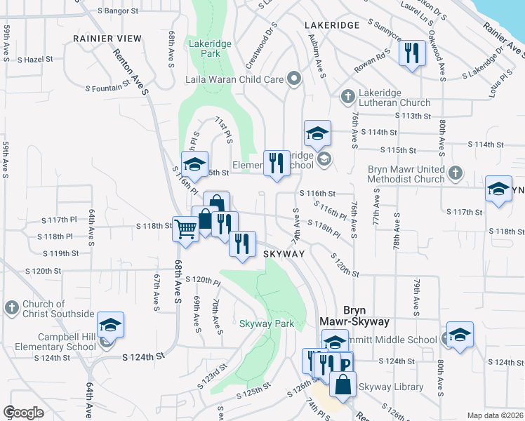 map of restaurants, bars, coffee shops, grocery stores, and more near 104 72nd Avenue South in Seattle