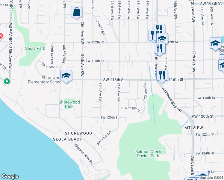 map of restaurants, bars, coffee shops, grocery stores, and more near 11803 21st Avenue Southwest in Burien