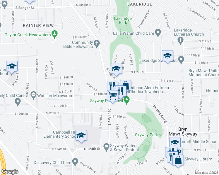 map of restaurants, bars, coffee shops, grocery stores, and more near 68 68th Avenue South in Seattle