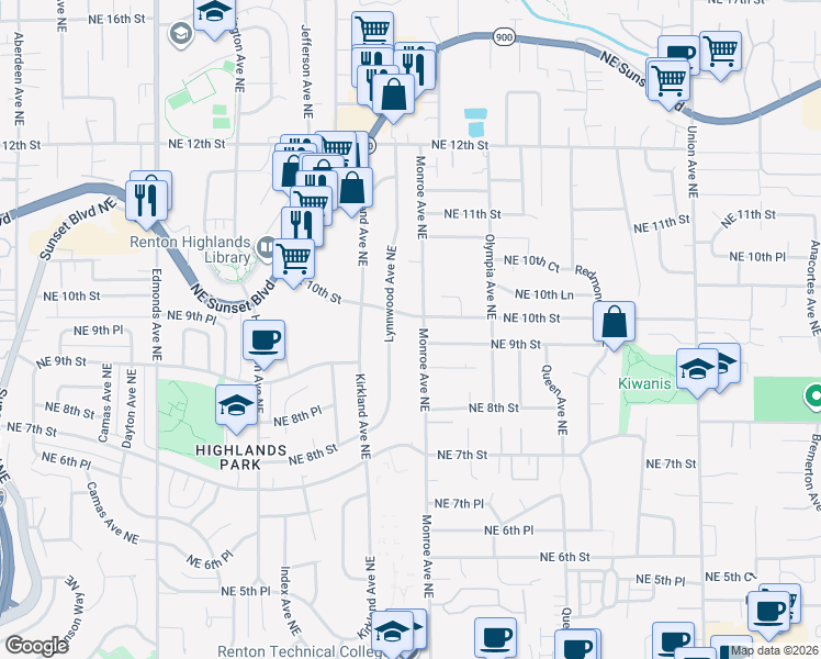 map of restaurants, bars, coffee shops, grocery stores, and more near 880 Monroe Avenue Northeast in Renton