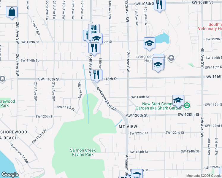 map of restaurants, bars, coffee shops, grocery stores, and more near 1244 Southwest 118th Street in Burien