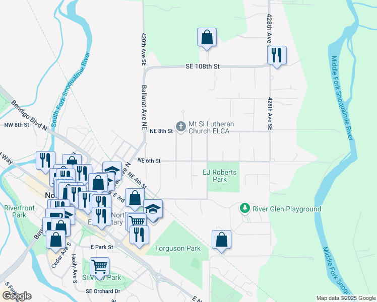 map of restaurants, bars, coffee shops, grocery stores, and more near 530 Merritt Avenue Northeast in North Bend