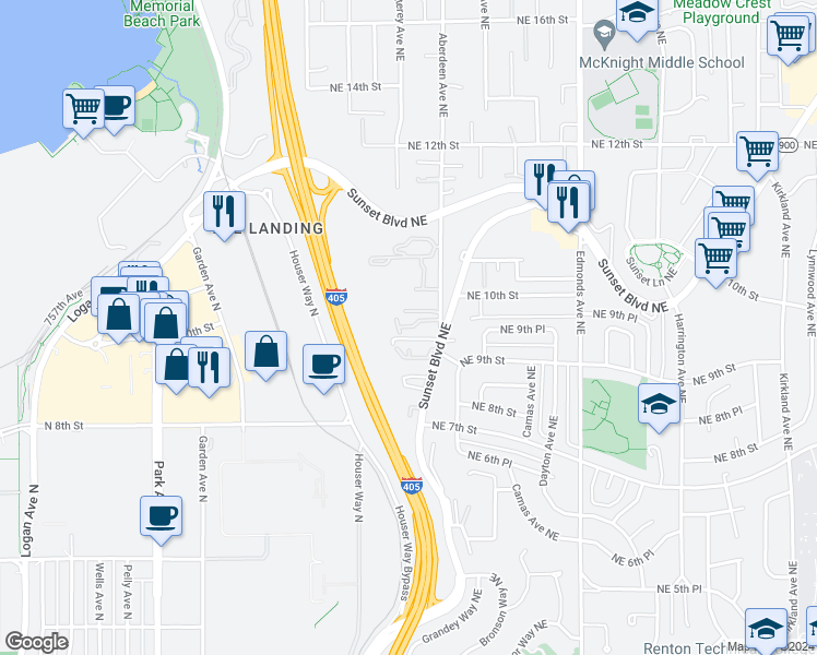map of restaurants, bars, coffee shops, grocery stores, and more near 949 Aberdeen Avenue Northeast in Renton