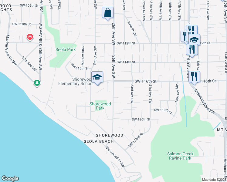map of restaurants, bars, coffee shops, grocery stores, and more near 11630 26th Avenue Southwest in Seattle