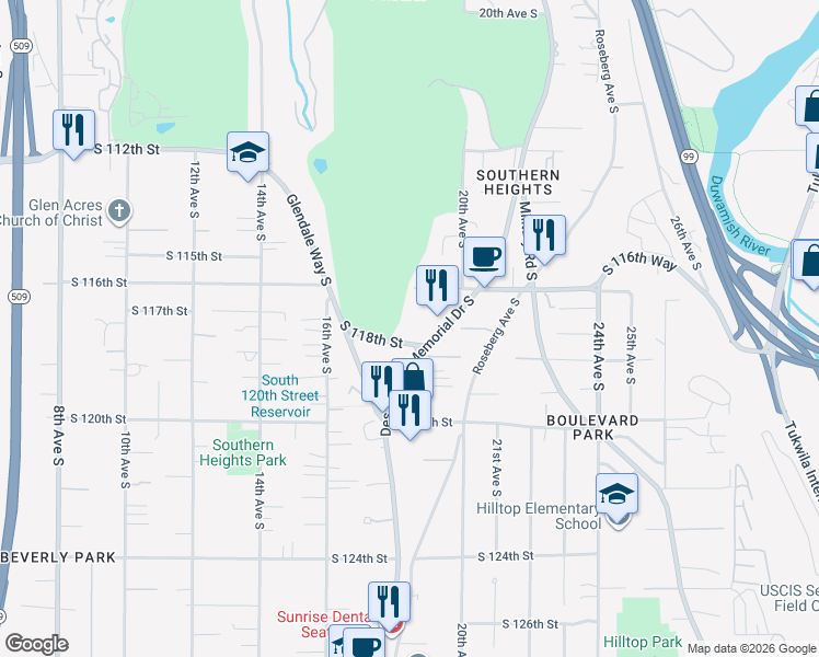 map of restaurants, bars, coffee shops, grocery stores, and more near 1808 South 118th Street in Seattle