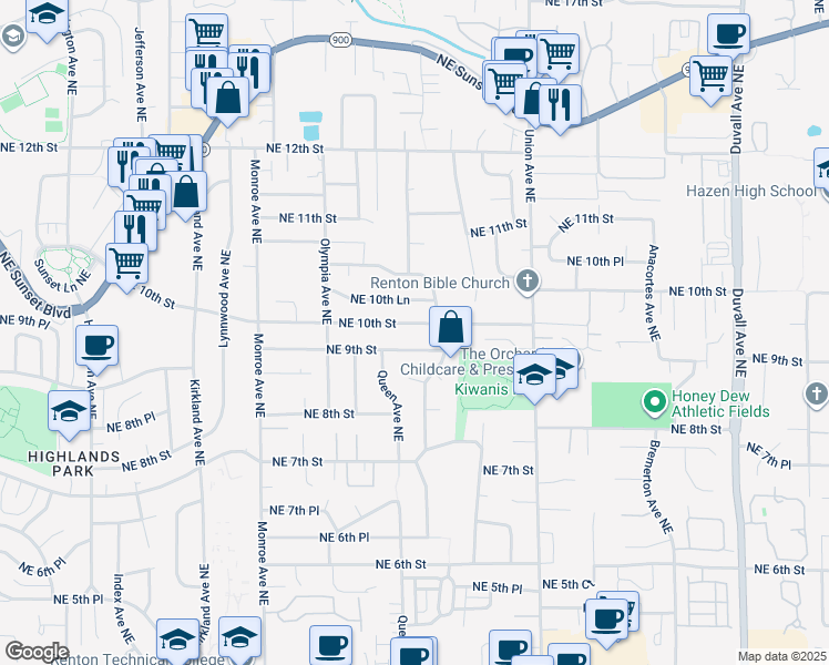 map of restaurants, bars, coffee shops, grocery stores, and more near 3719 Northeast 10th Lane in Renton