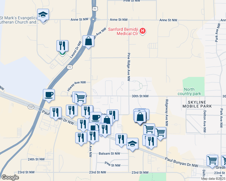 map of restaurants, bars, coffee shops, grocery stores, and more near 1615 30th Street Northwest in Bemidji