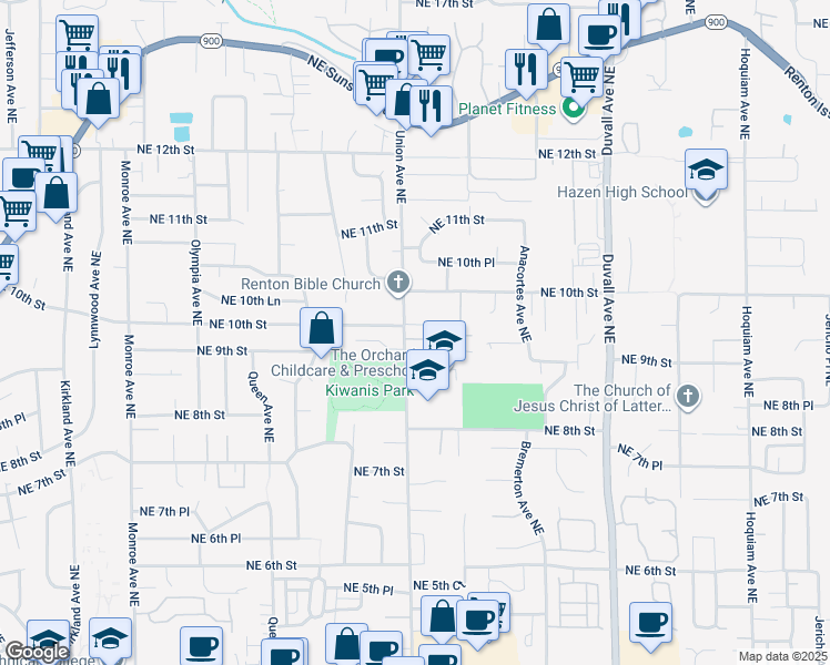 map of restaurants, bars, coffee shops, grocery stores, and more near 937 Union Avenue Northeast in Renton