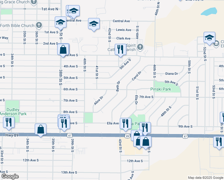 map of restaurants, bars, coffee shops, grocery stores, and more near 376 Beth Drive in Great Falls