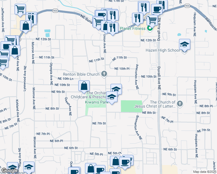 map of restaurants, bars, coffee shops, grocery stores, and more near 937 Union Avenue Northeast in Renton