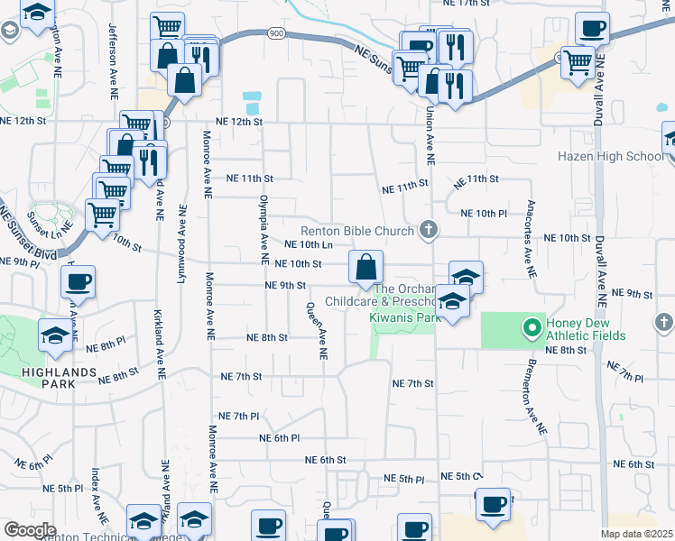 map of restaurants, bars, coffee shops, grocery stores, and more near 3719 Northeast 10th Lane in Renton