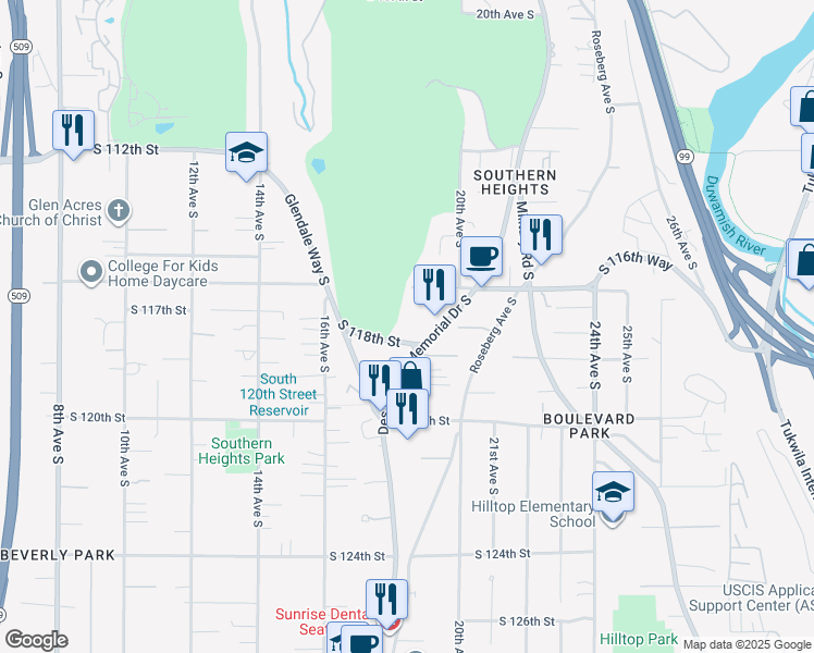 map of restaurants, bars, coffee shops, grocery stores, and more near 1819 South 116th Street in Seattle