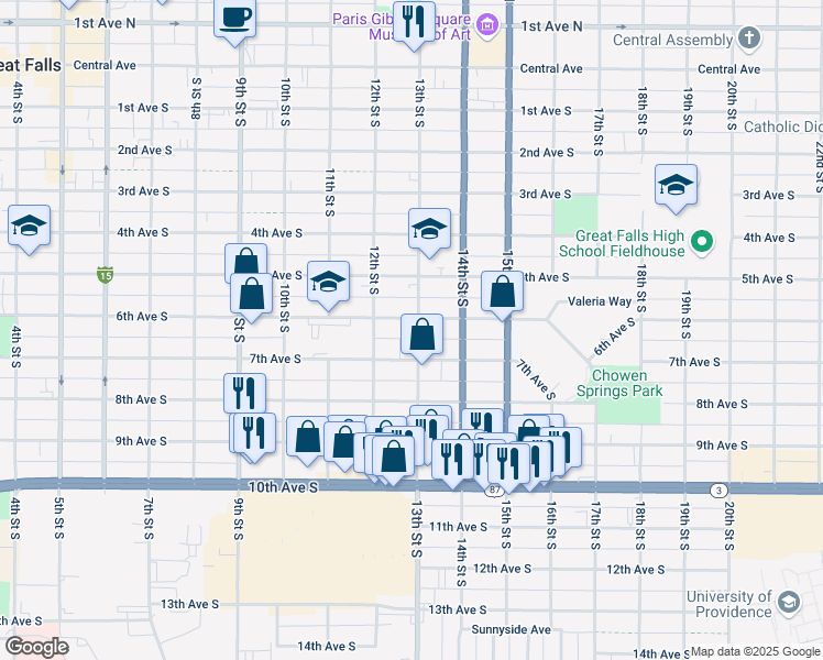 map of restaurants, bars, coffee shops, grocery stores, and more near 600 13th Street South in Great Falls