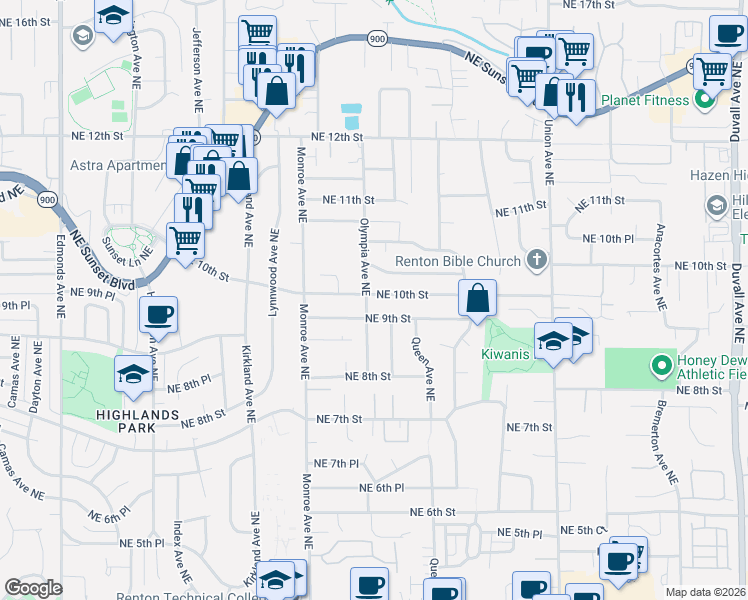 map of restaurants, bars, coffee shops, grocery stores, and more near 3501 Northeast 10th Street in Renton