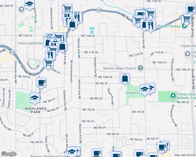 map of restaurants, bars, coffee shops, grocery stores, and more near 3501 Northeast 10th Street in Renton