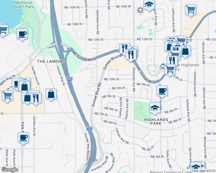map of restaurants, bars, coffee shops, grocery stores, and more near 962 Northeast Sunset Boulevard in Renton