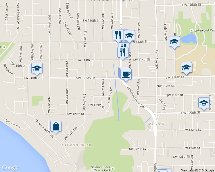 map of restaurants, bars, coffee shops, grocery stores, and more near 11633 18th Avenue Southwest in Burien