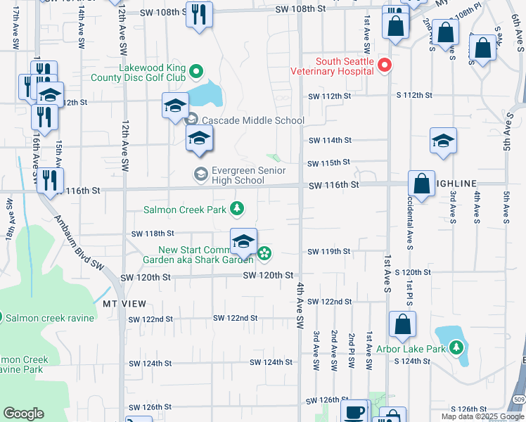 map of restaurants, bars, coffee shops, grocery stores, and more near 11616 6th Avenue Southwest in Seattle