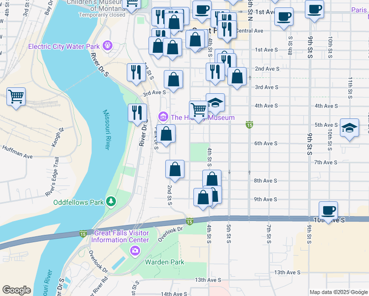 map of restaurants, bars, coffee shops, grocery stores, and more near 520 3rd Street South in Great Falls