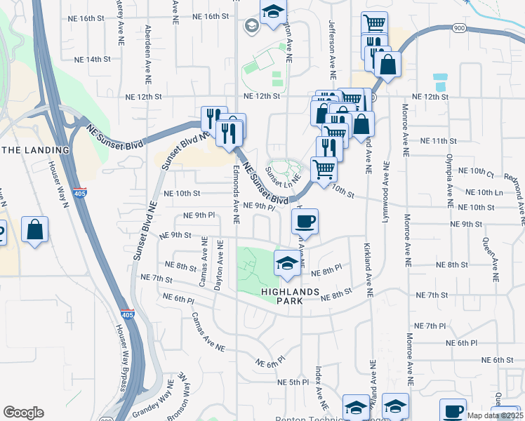 map of restaurants, bars, coffee shops, grocery stores, and more near 2624 Northeast 9th Place in Renton