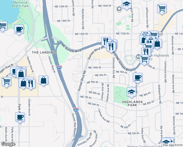 map of restaurants, bars, coffee shops, grocery stores, and more near 962 Northeast Sunset Boulevard in Renton