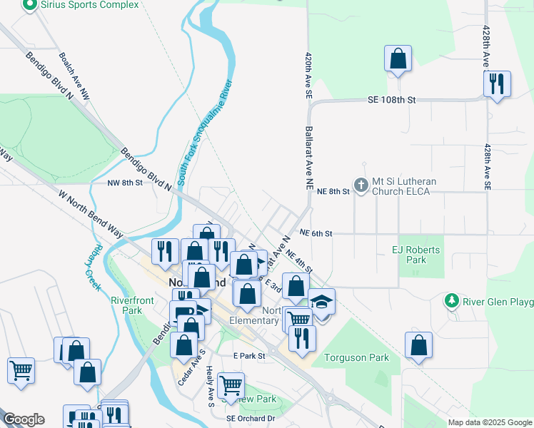 map of restaurants, bars, coffee shops, grocery stores, and more near 509 Main Ave N in North Bend