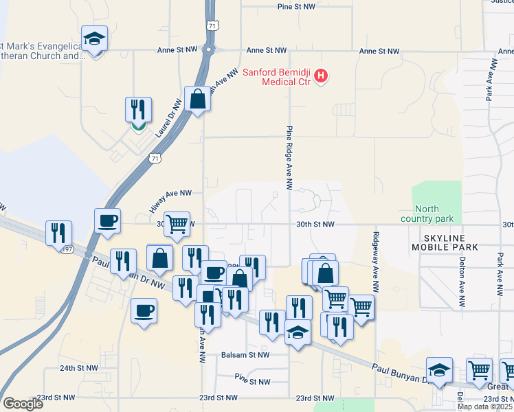 map of restaurants, bars, coffee shops, grocery stores, and more near 1615 30th Street Northwest in Bemidji