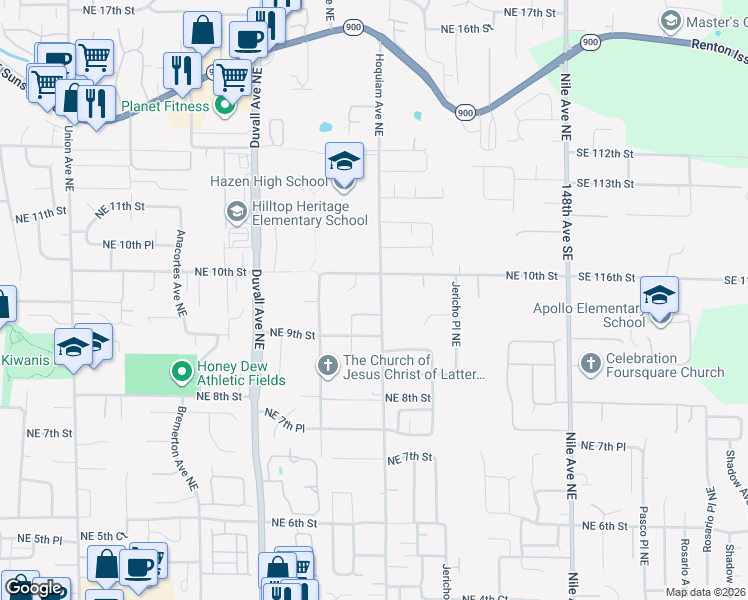 map of restaurants, bars, coffee shops, grocery stores, and more near 980 Hoquiam Avenue Northeast in Renton