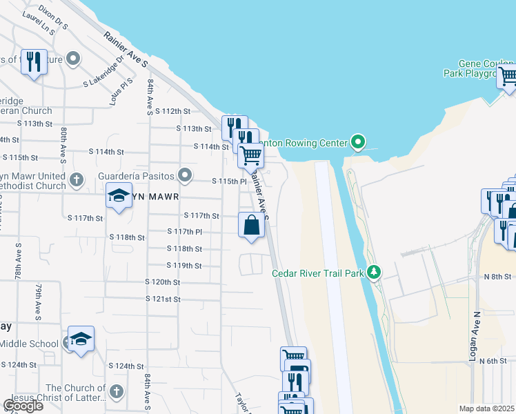 map of restaurants, bars, coffee shops, grocery stores, and more near 8807 South 116th Street in Seattle